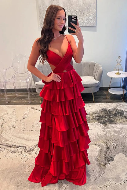 Fuchsia A Line Spaghetti Straps Satin Long Prom Dress with Slit