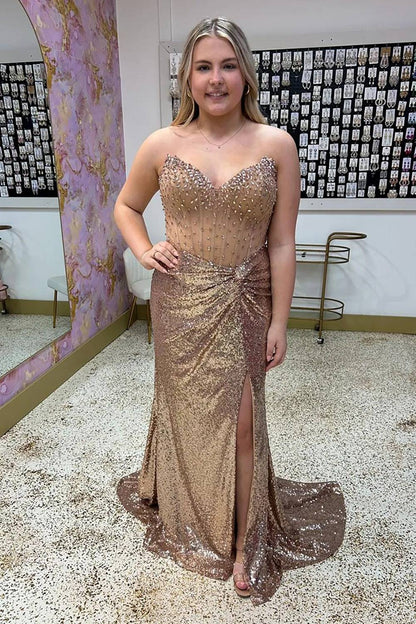 Sparkly Gold Sheath Sweetheart Long Prom Dress with Slit