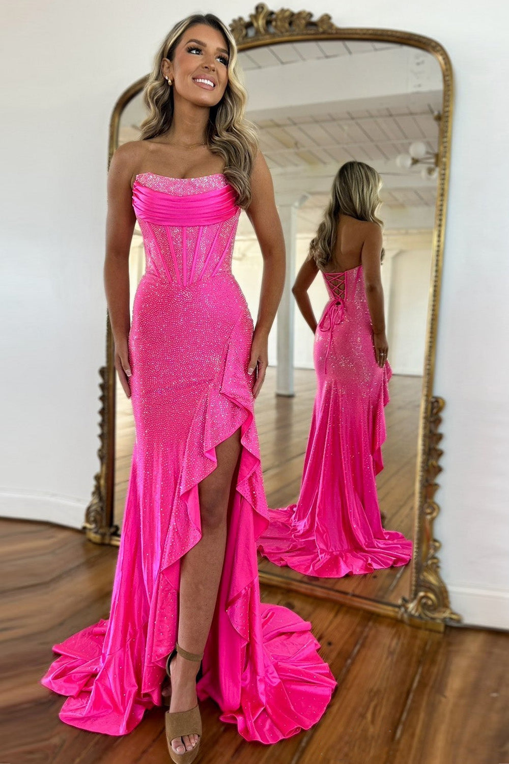 Light Blue Mermaid Strapless Lace Up Long Beaded Prom Dresses