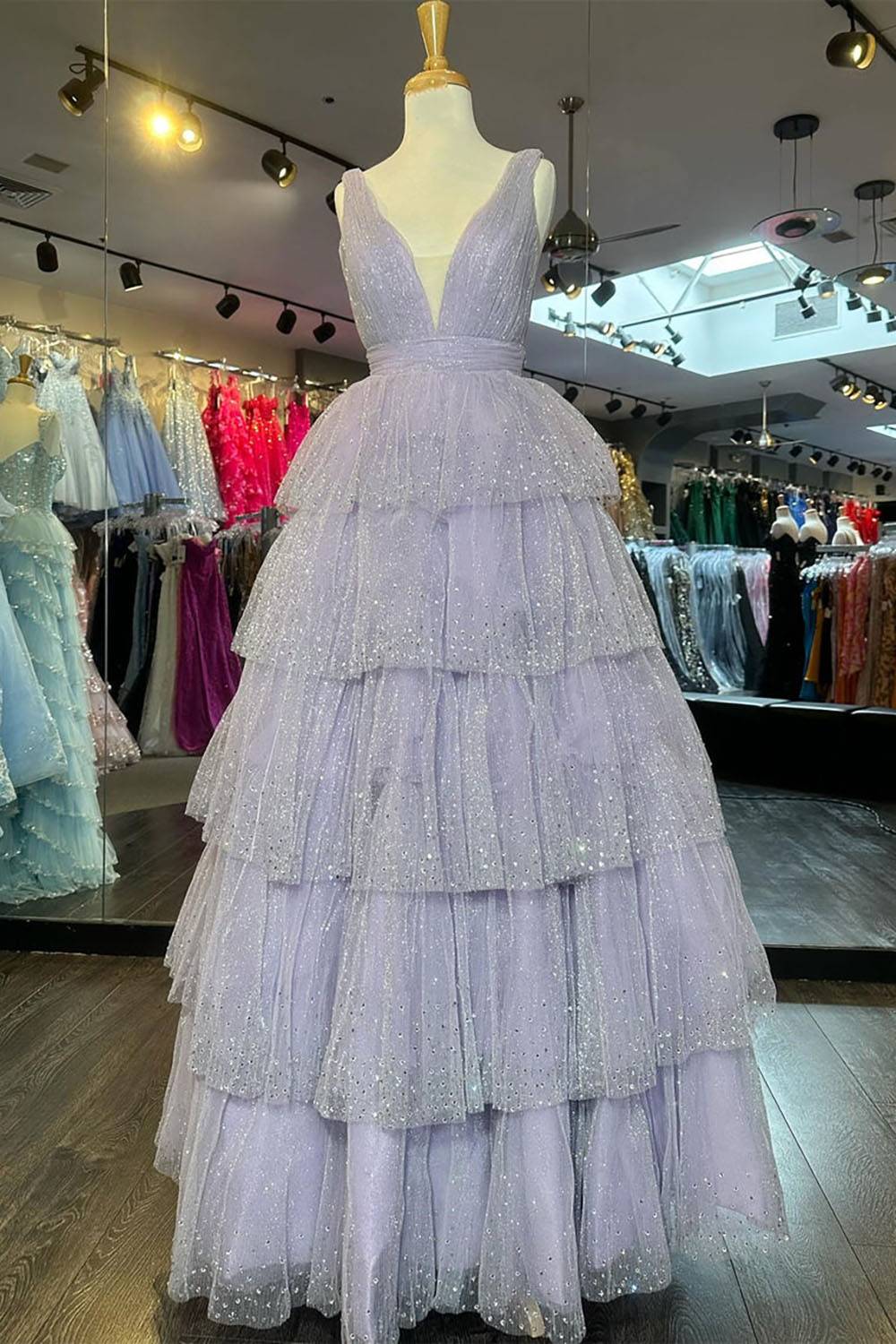 Sparkly Lavender Portrait Princess Long Prom Dress