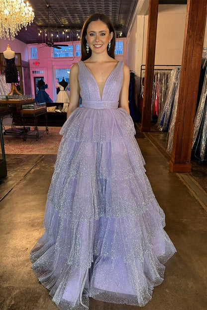 Sparkly Lavender Portrait Princess Long Prom Dress