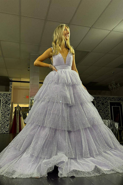Sparkly Lavender Portrait Princess Long Prom Dress
