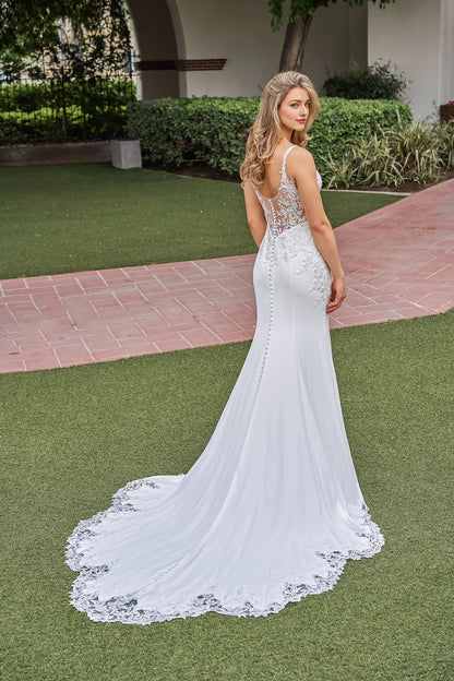 Square neckline off shoulder sleeveless lace floral patch backless and floor length wedding dress