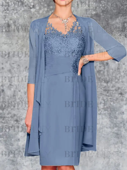 Two Piece Ruffle Chiffon Mother of the Bride Outfit Lace Short Wedding Guest Dress