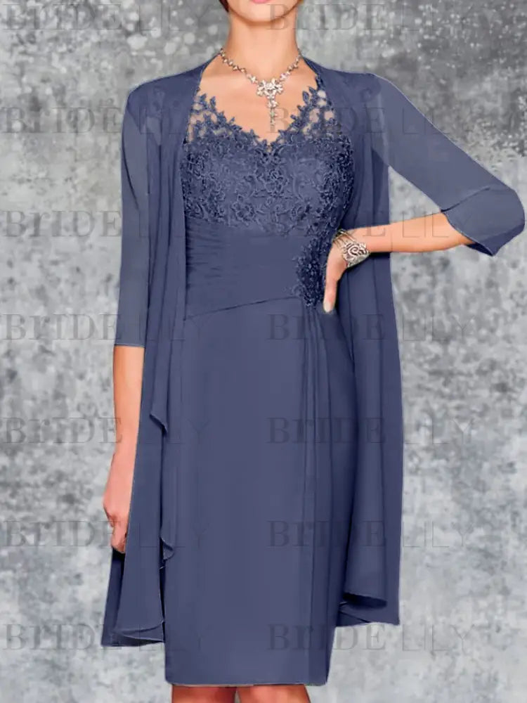 Two Piece Ruffle Chiffon Mother of the Bride Outfit Lace Short Wedding Guest Dress