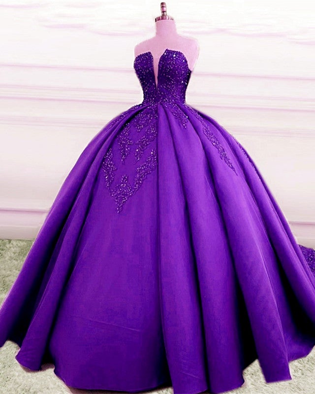 Strapless Ball Gown Satin Dresses Lace Appliques