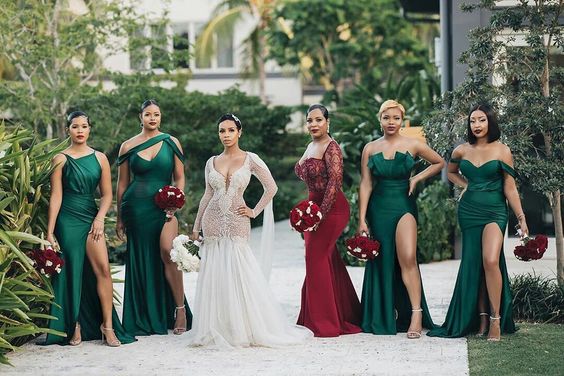 Emerald Green Satin Bridesmaid Dresses with Side Split