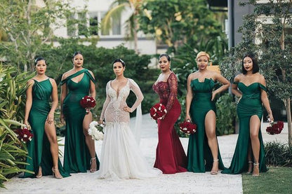 Emerald Green Satin Bridesmaid Dresses with Side Split