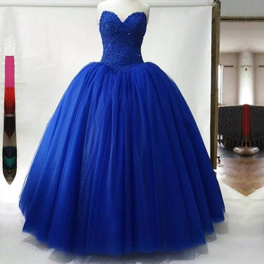 Strapless Royal Blue Tulle Ball Gowns Quinceanera Dress Lace Appliques Bodice Corset