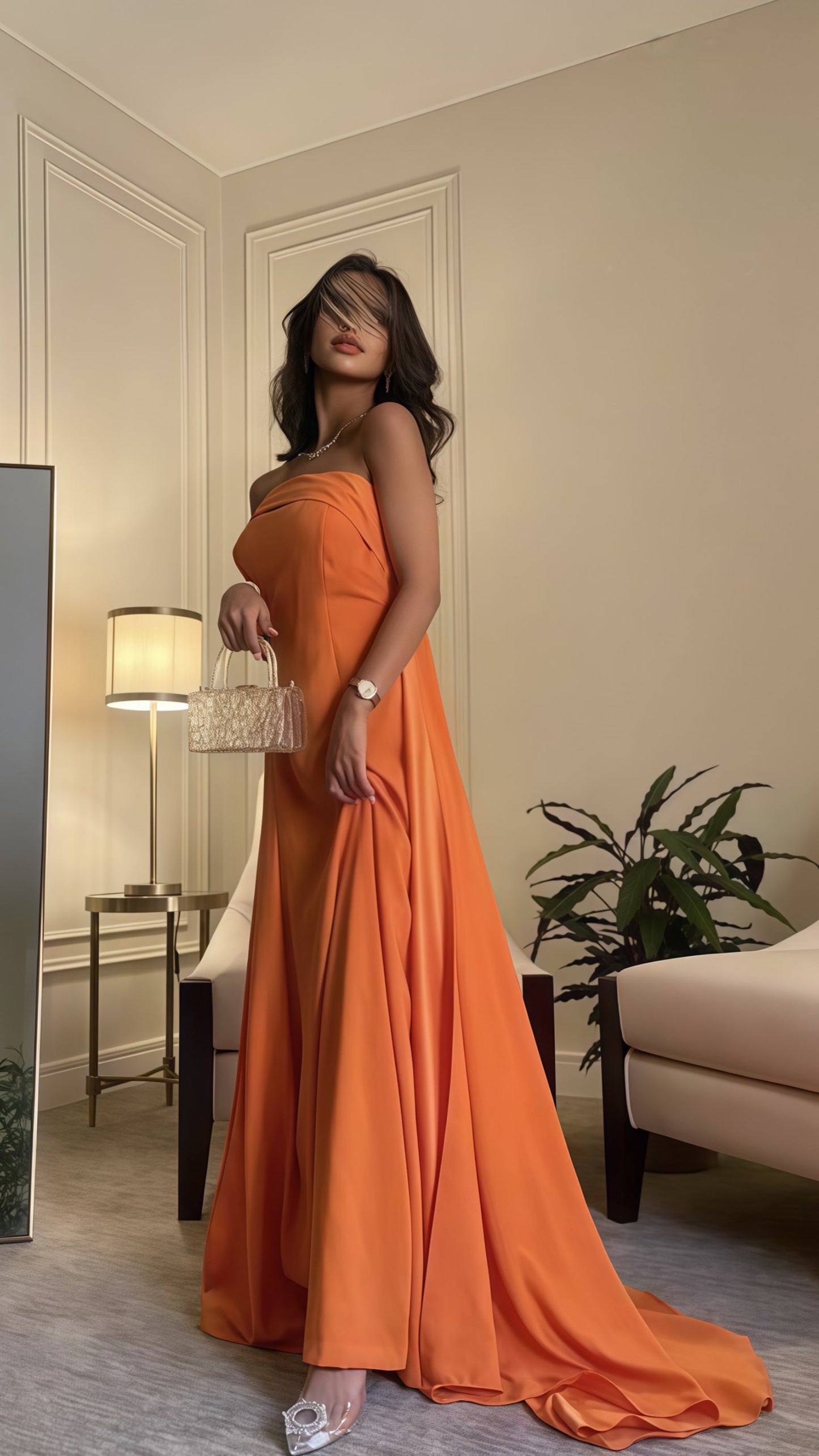 Strapless Orange A-Line Prom Dress, Sleeveless Long Evening Dress,AST1687