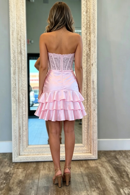 Strapless Pink Scoop Neck Appliques Ruffles Short Homecoming Dress with Pleats