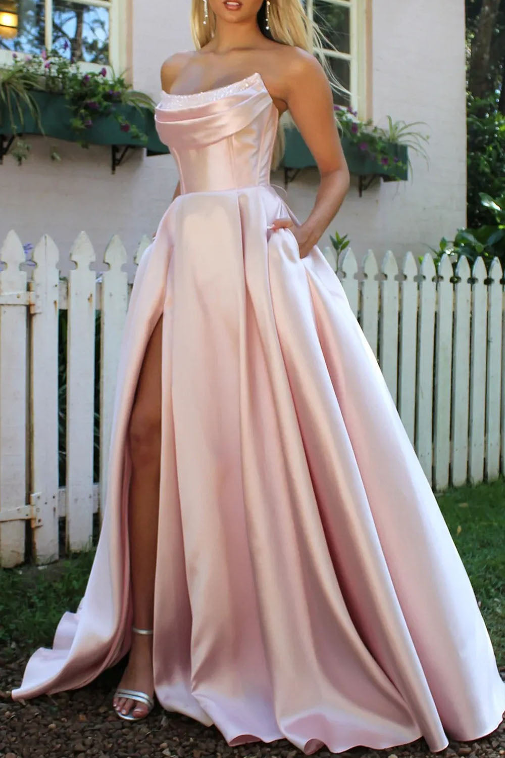 Strapless Satin A-Line Long Prom Dress with Slit