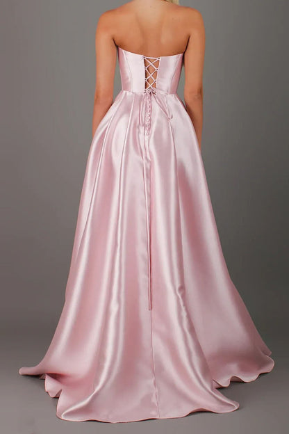 Strapless Satin A-Line Long Prom Dress with Slit