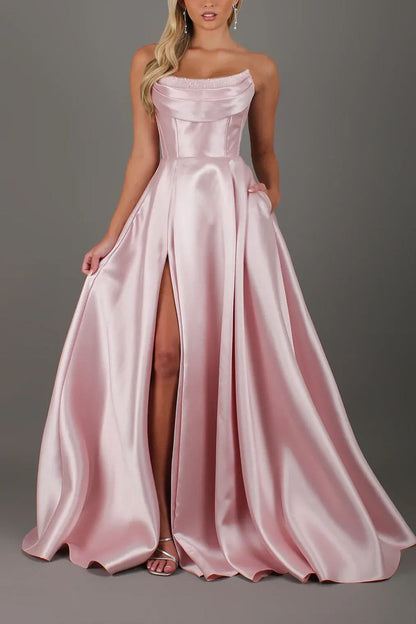 Strapless Satin A-Line Long Prom Dress with Slit
