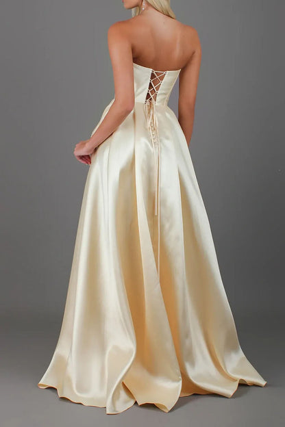 Strapless Satin A-Line Long Prom Dress with Slit