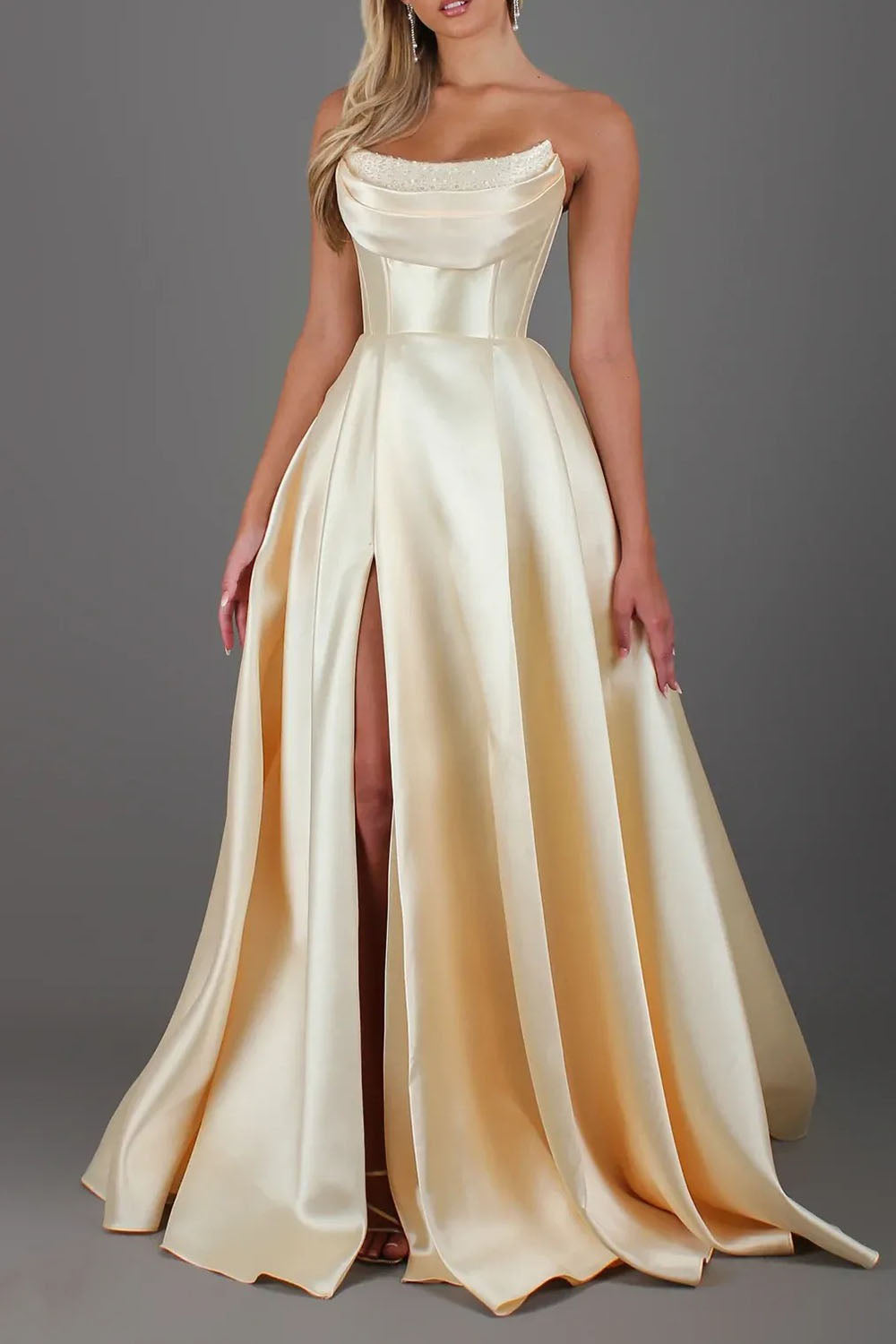Strapless Satin A-Line Long Prom Dress with Slit