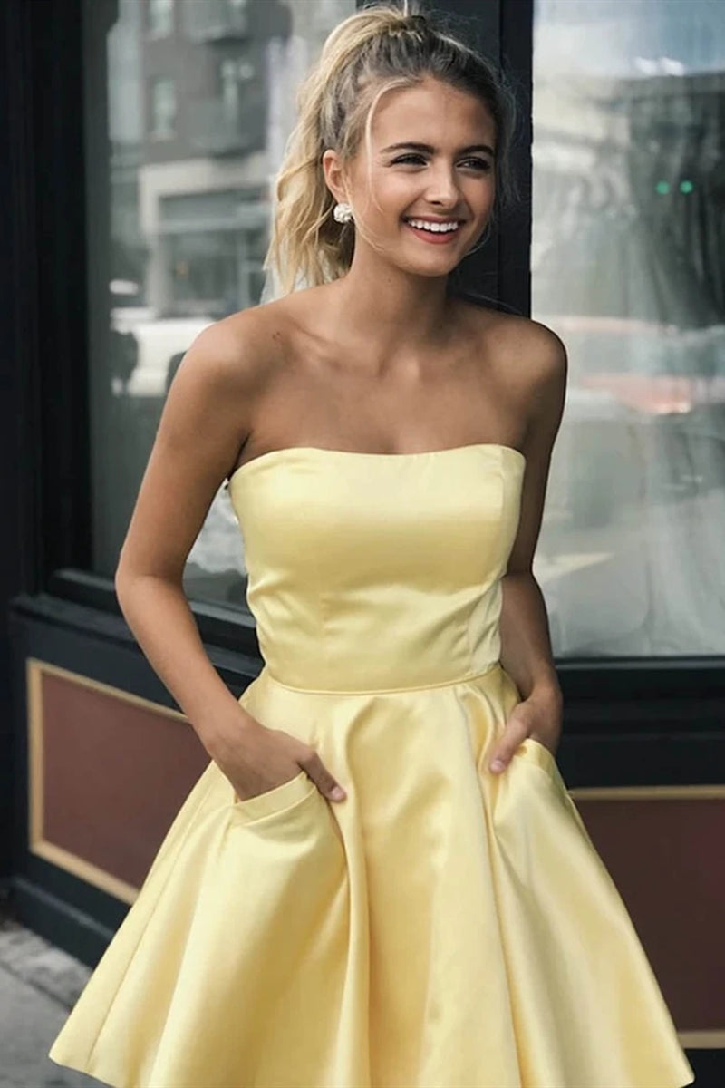 Strapless Short Yellow Prom Dress with Pockets, Short Yellow Formal Graduation Homecoming Dress