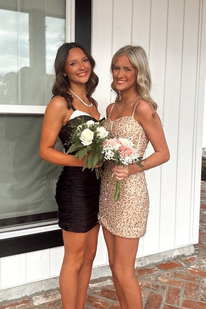 Straps Champagne Sequin Bodycon Short Dresses Beaded Corset Cocktail Dress