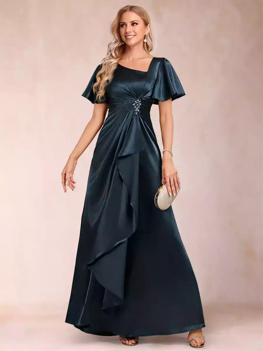 Stunning A-line/Princess style V-neck short sleeved and ankle ruffled bead belt Mother of the Bride Dresses