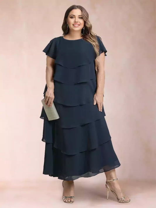 Stunning A-line/princess round neck short sleeved plus size ruffled Mother of the Bride Dresses