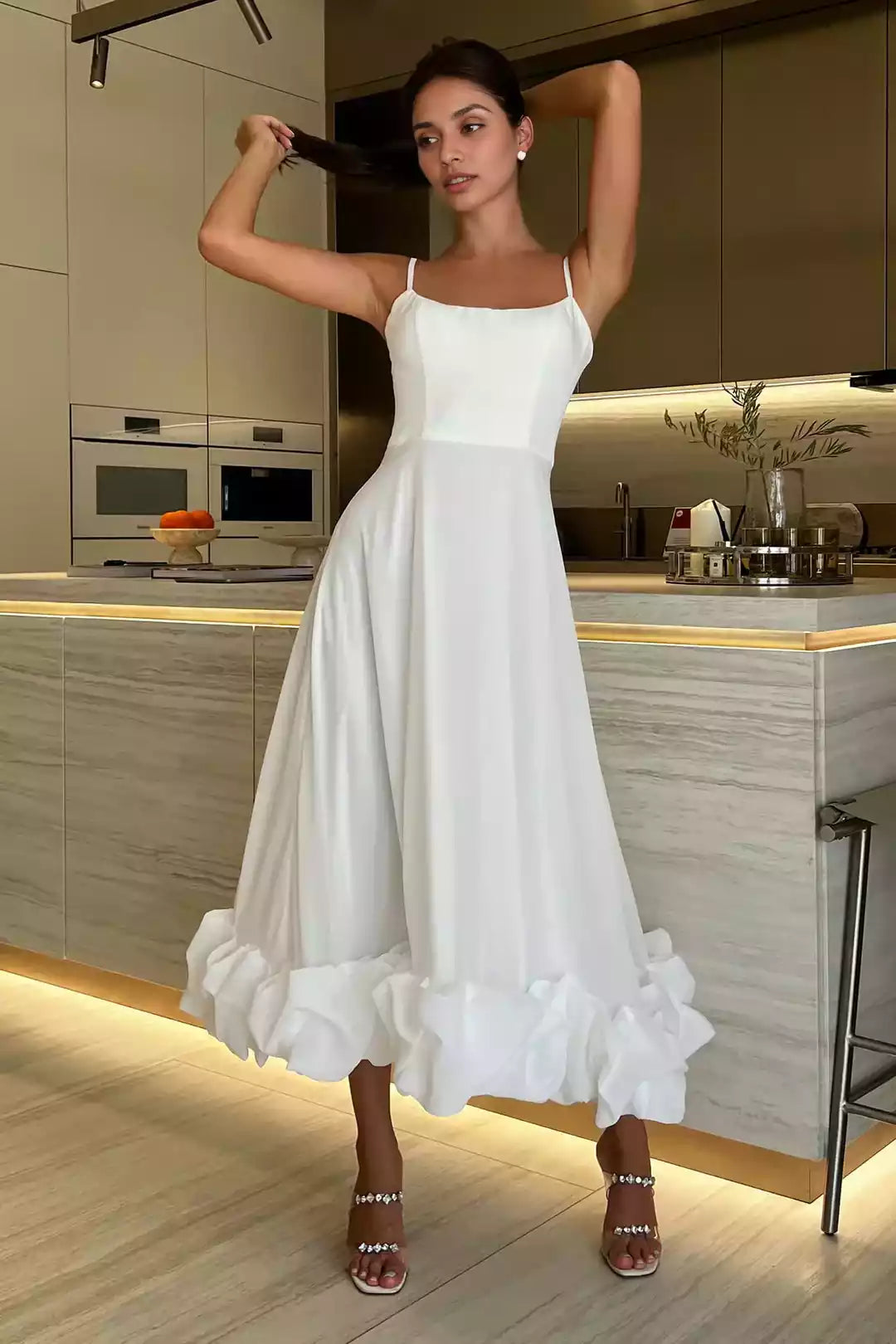 Stunning A-line satin thin shoulder strap with ruffled edges and pleated lace back Prom Dresses