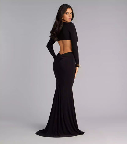 Stunning appearance of smooth knitted deep V-neck slim fit long sleeved hollowed out mermaid and floor Prom Dresses