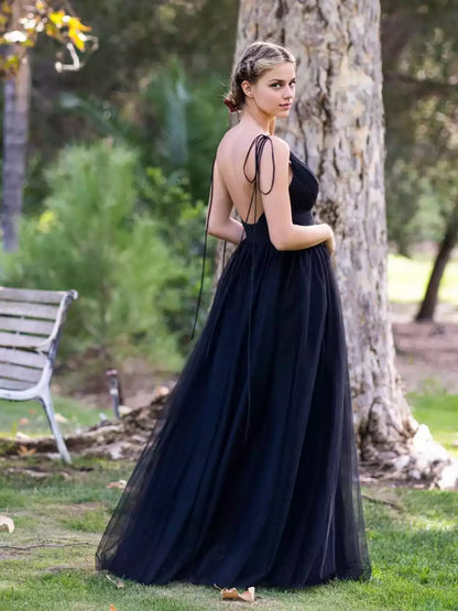 Stunning chiffon cross shoulder straps sleeveless silhouette with ruffled edges and open zipper back Prom Dresses