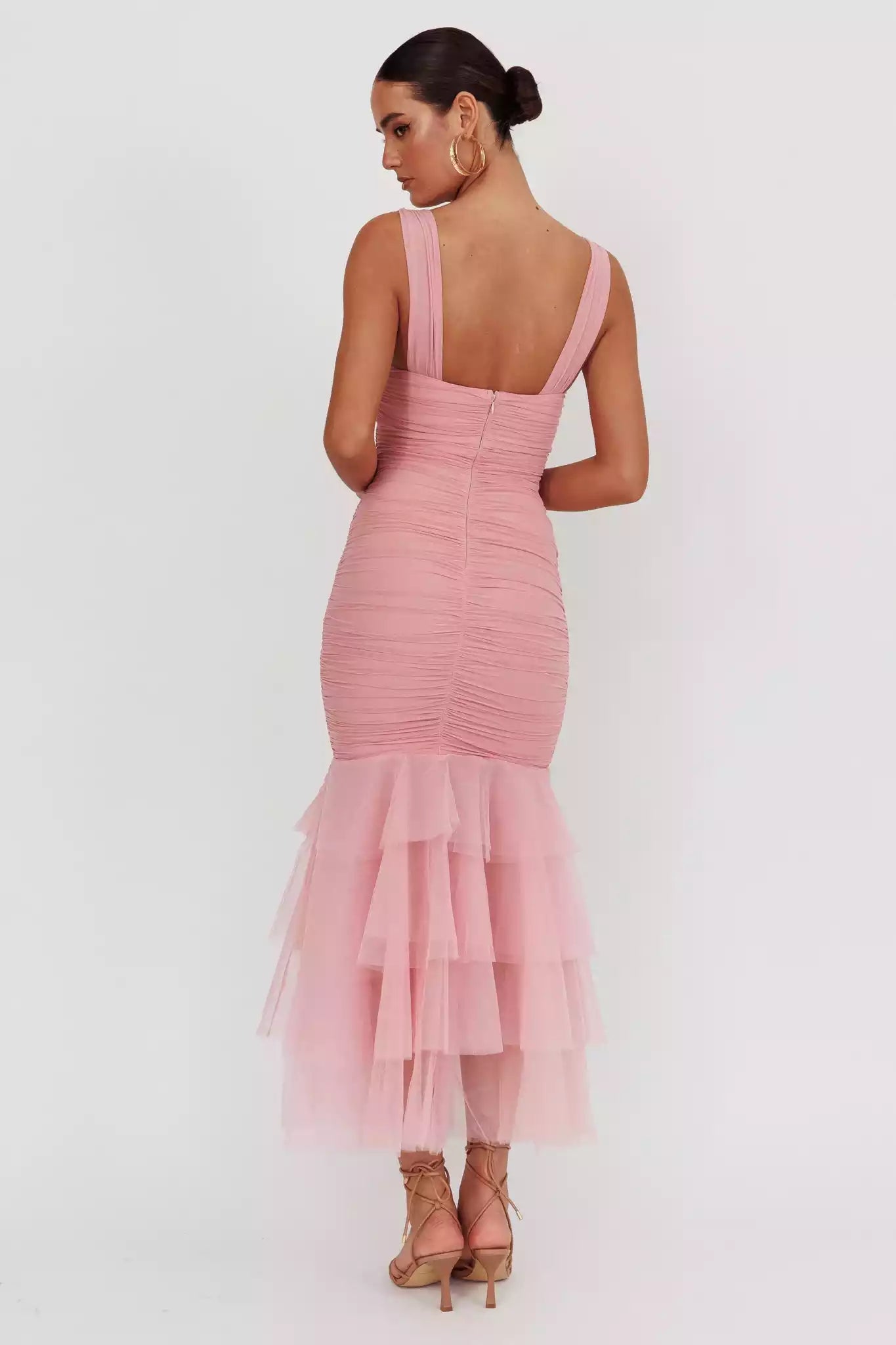 Stunning fish tail design with pleated embellishments, sheer mermaid hem, invisible back zipper Prom Dresses
