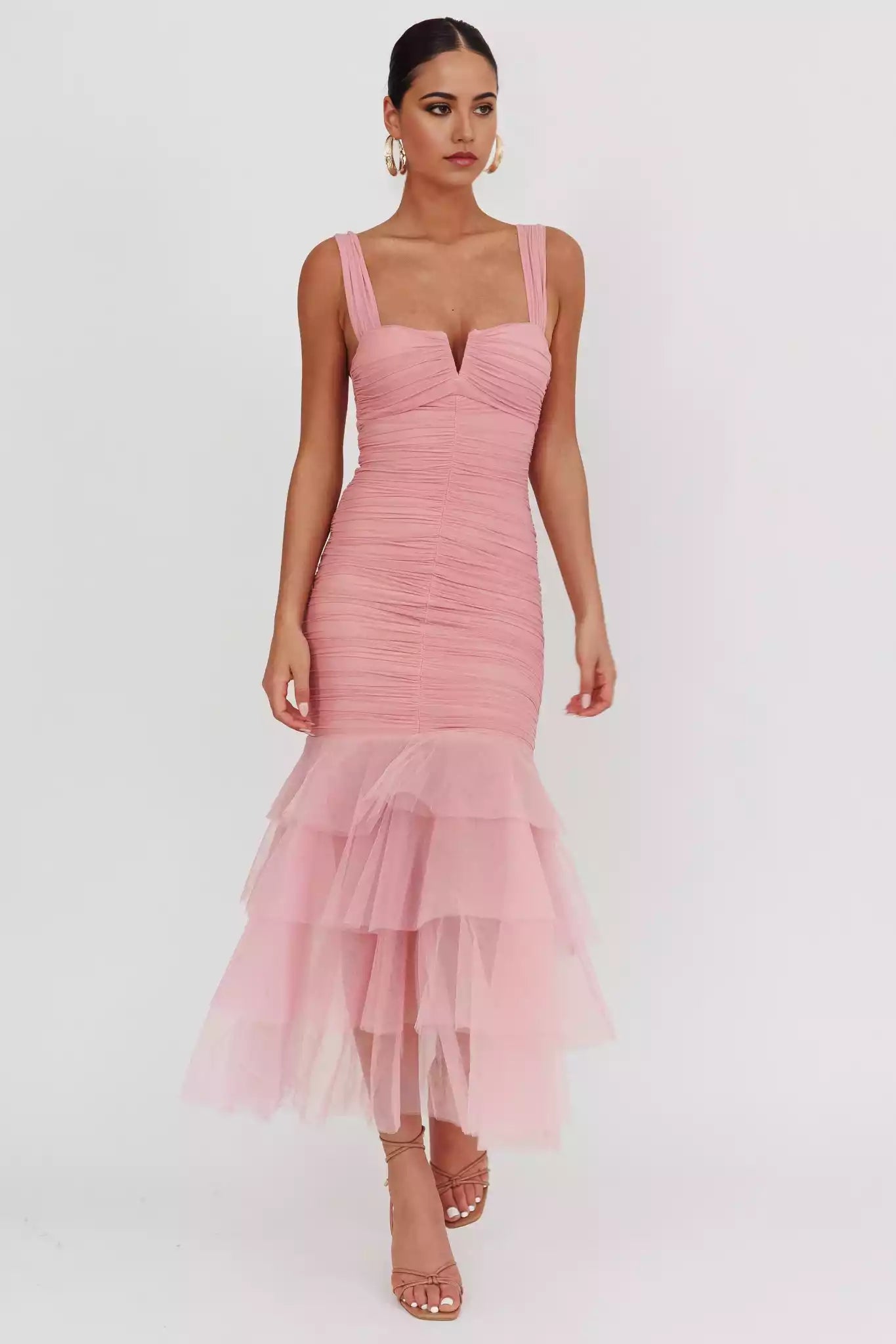Stunning fish tail design with pleated embellishments, sheer mermaid hem, invisible back zipper Prom Dresses