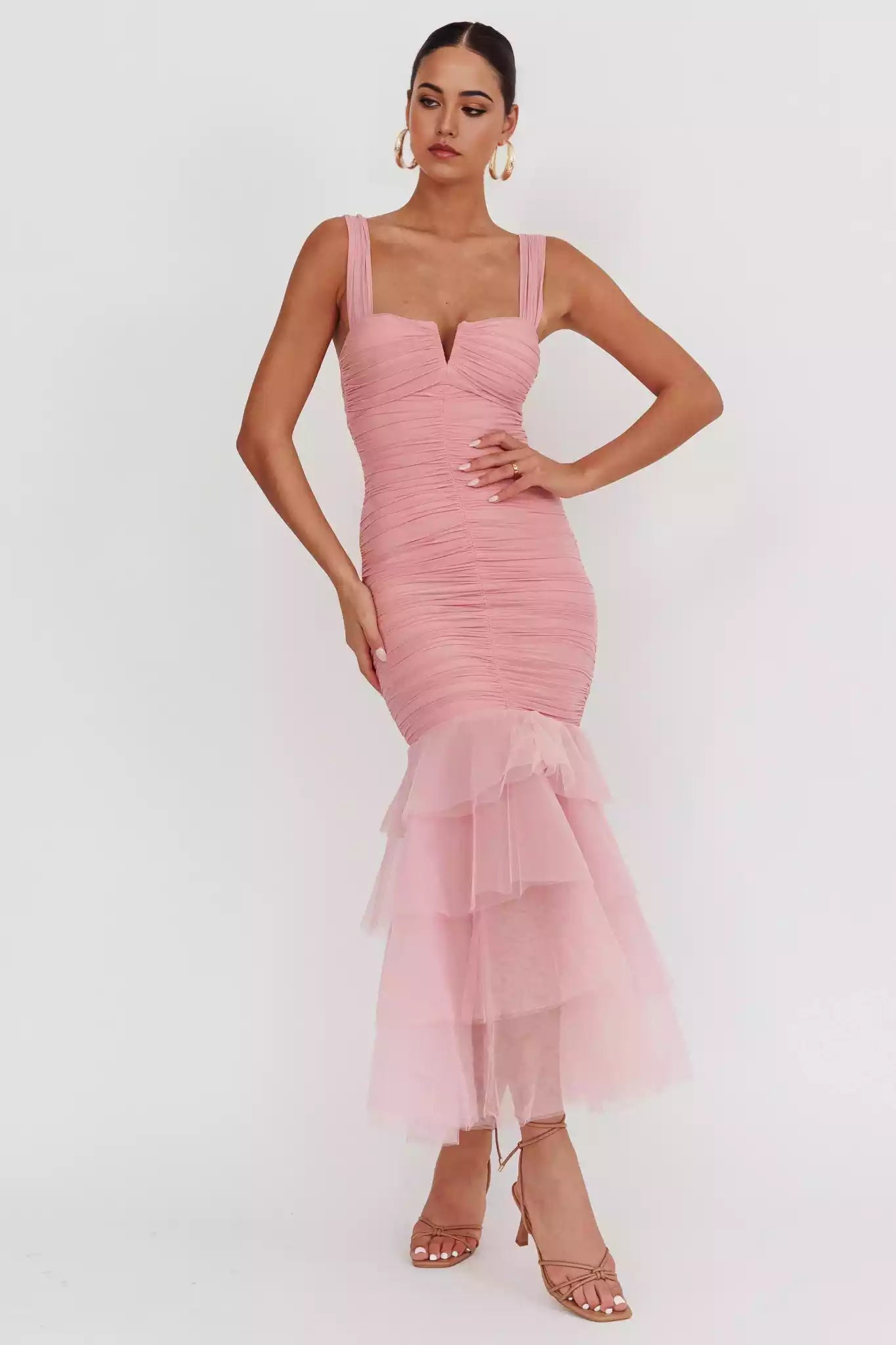 Stunning fish tail design with pleated embellishments, sheer mermaid hem, invisible back zipper Prom Dresses