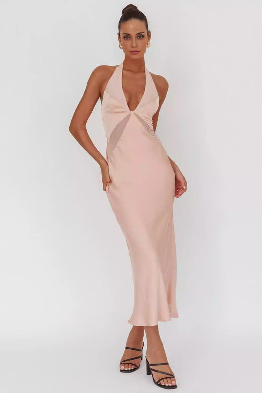 Stunning lining, backless hanging neck, button closure, zippered back, Prom Dresses