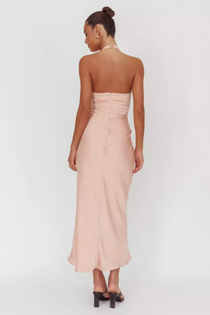 Stunning lining, backless hanging neck, button closure, zippered back, Prom Dresses