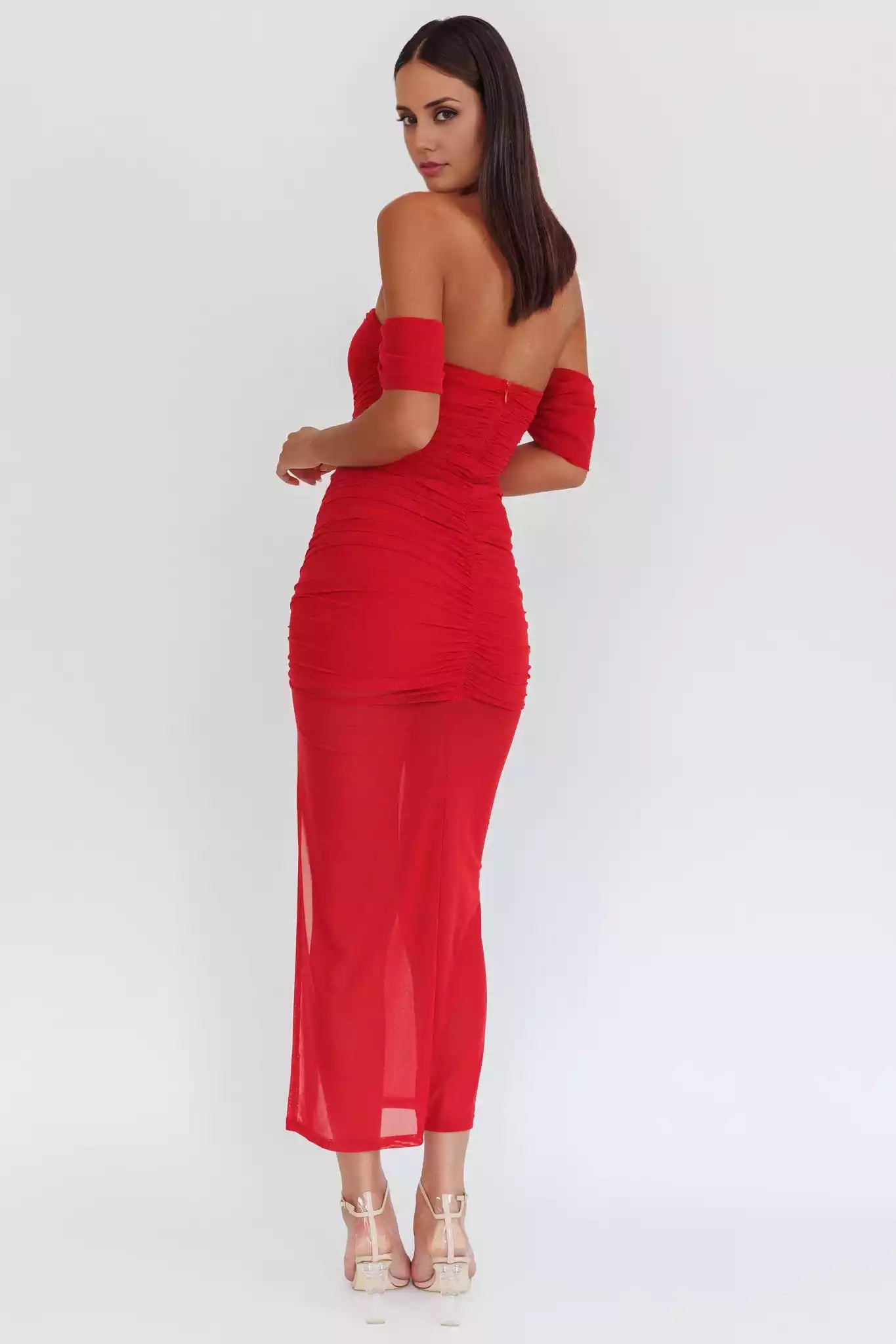 Stunning lining mesh covering off shoulder tight corset with pleated details, front slit and back zipper Prom Dresses