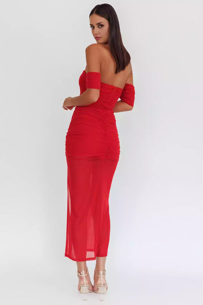 Stunning lining mesh covering off shoulder tight corset with pleated details, front slit and back zipper Prom Dresses