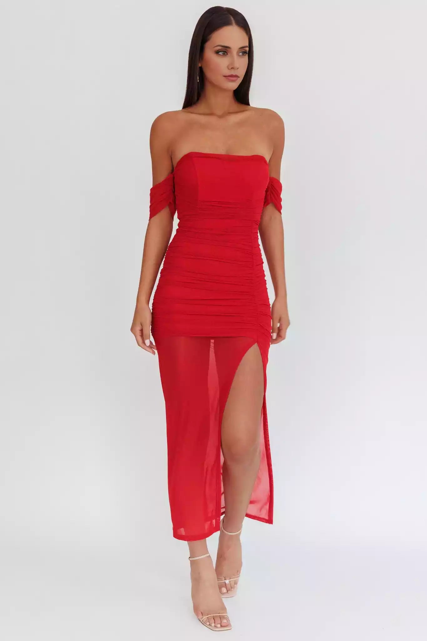 Stunning lining mesh covering off shoulder tight corset with pleated details, front slit and back zipper Prom Dresses