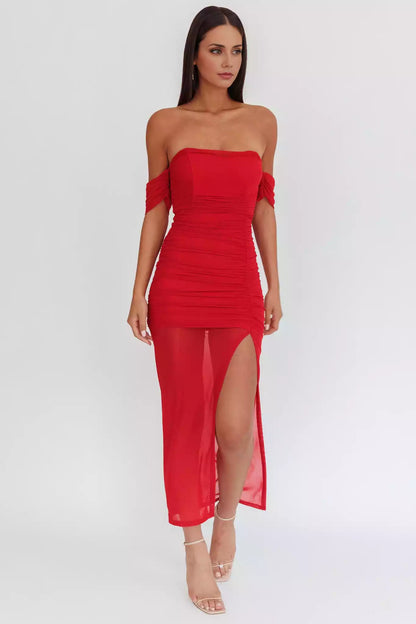 Stunning lining mesh covering off shoulder tight corset with pleated details, front slit and back zipper Prom Dresses
