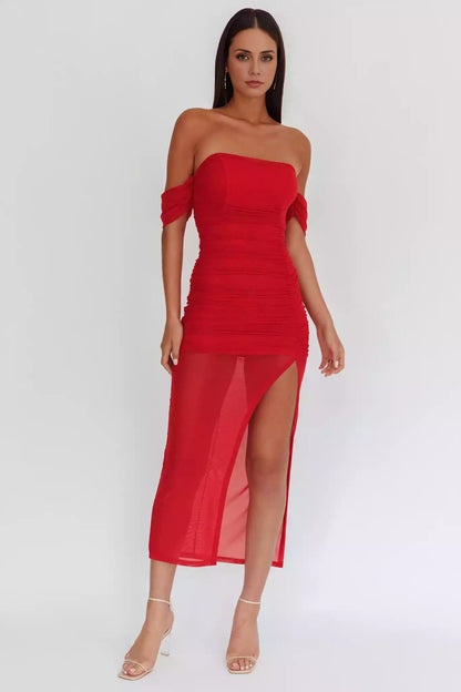 Stunning lining mesh covering off shoulder tight corset with pleated details, front slit and back zipper Prom Dresses