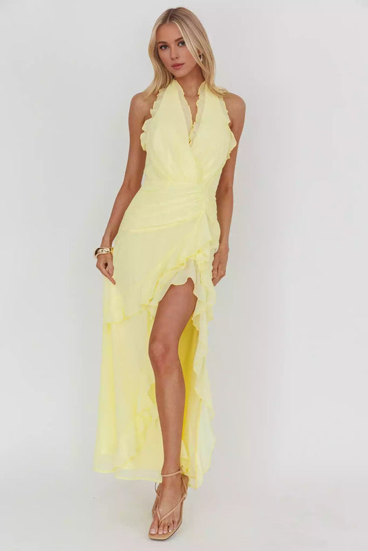 Stunning lining with backless ruffle details, front slit and back with zipper Prom Dresses