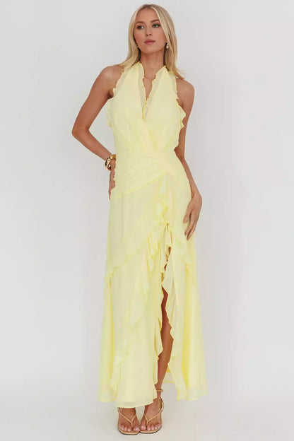 Stunning lining with backless ruffle details, front slit and back with zipper Prom Dresses