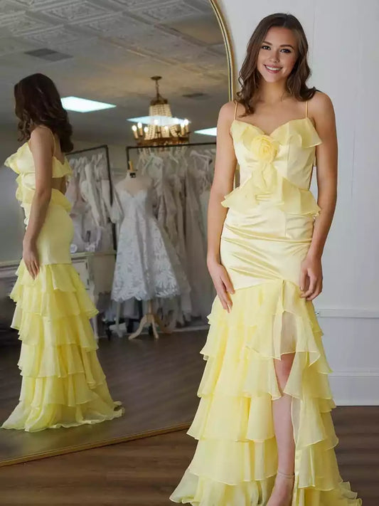 Stunning mermaid chiffon and ground V-neck ruffled slit lace up back Prom Dresses