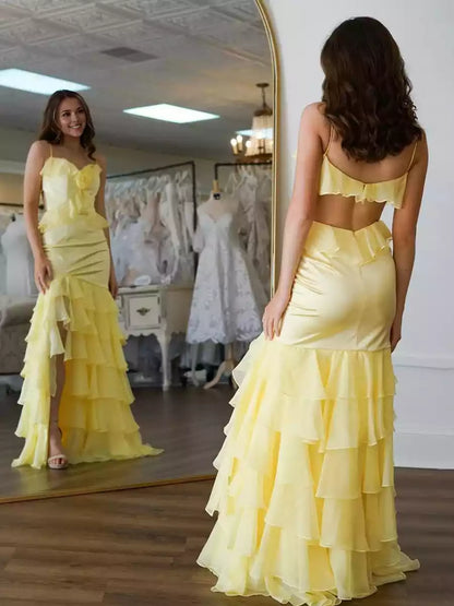Stunning mermaid chiffon and ground V-neck ruffled slit lace up back Prom Dresses
