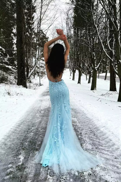 Stunning mermaid lace applique thin shoulder strap sleeveless cross tie back Prom Dresses