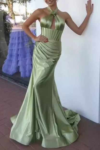 Stunning mermaid lace waist satin rose knot decoration sleeveless zipper back Prom Dresses