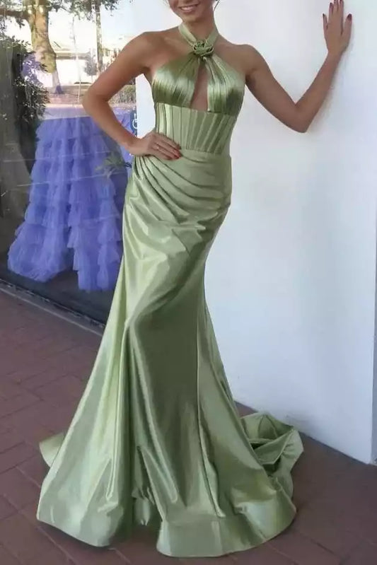 Stunning mermaid lace waist satin rose knot decoration sleeveless zipper back Prom Dresses