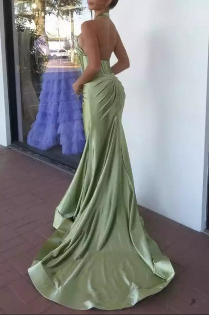 Stunning mermaid lace waist satin rose knot decoration sleeveless zipper back Prom Dresses