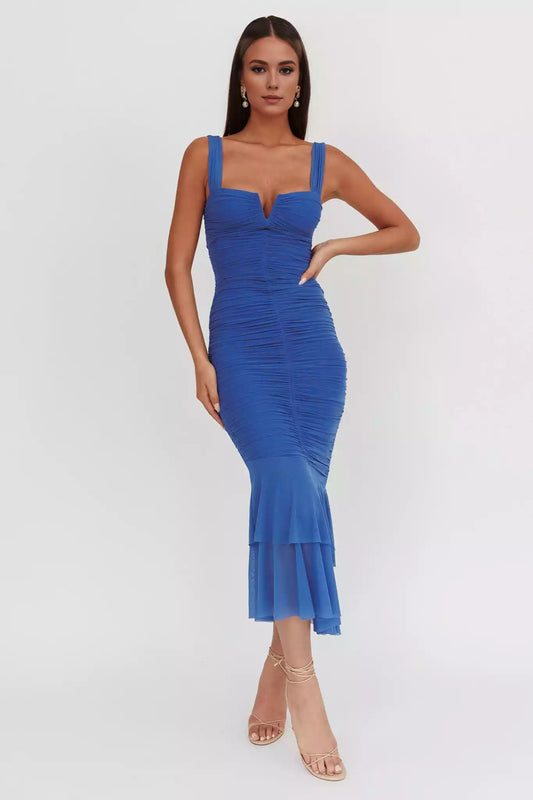 Stunning mermaid pleated lining with mesh fabric, fish tail style with zipper at the back Prom Dresses