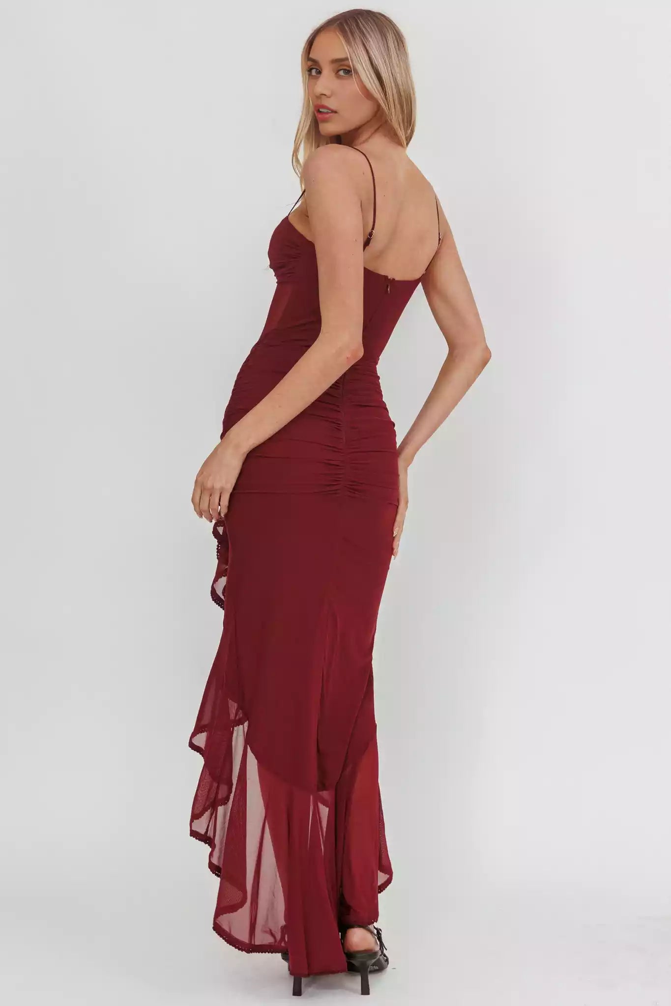 Stunning mid length lining, adjustable shoulder straps, pleated details, layered ruffles, back with zipper Prom Dresses