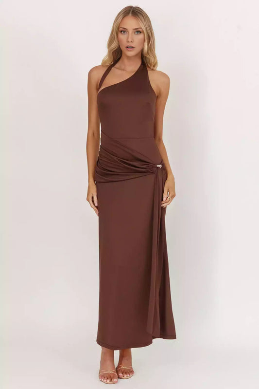 Stunning mid length lining with asymmetrical neckline, waist tie, back with zipper Prom Dresses