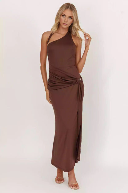 Stunning mid length lining with asymmetrical neckline, waist tie, back with zipper Prom Dresses