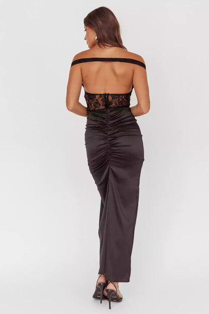 Stunning mid length satin lace corset with lined chest, thigh splits, ruffled edges, and zippered back Prom Dresses